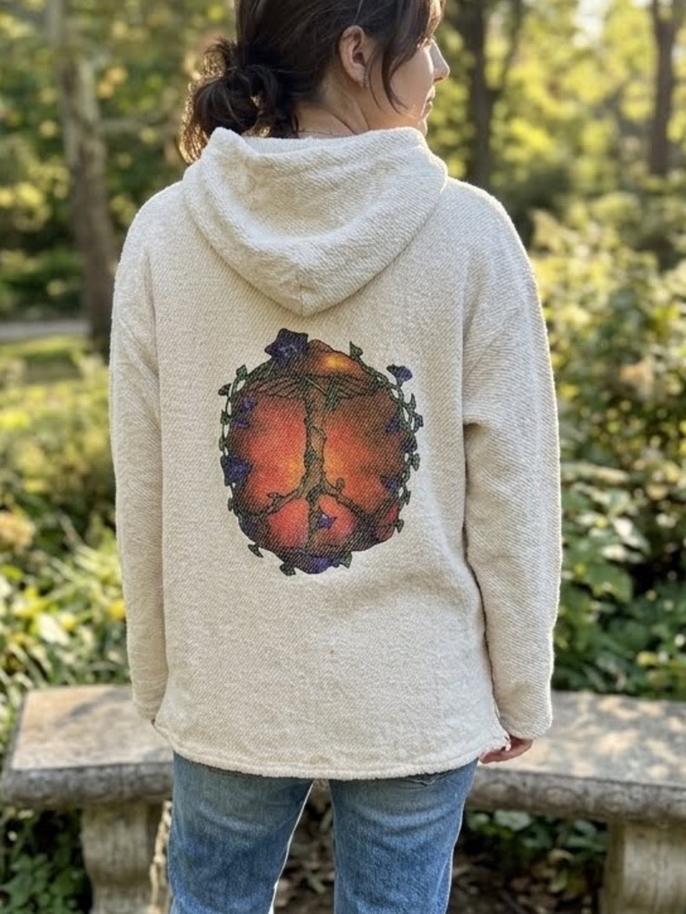 Cream Baja Molina Hoodie with Sunset Mushroom Peace back Graphic jrs small med